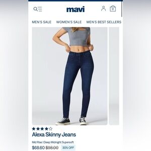 Mavi Alexa Mid-Rise Skinny dark denim, sz 28/30, size 6, stretchy jeans